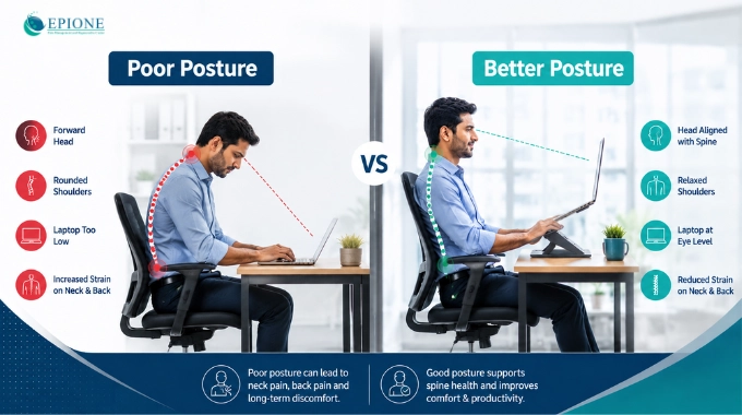 Comparison of poor and proper sitting posture for neck health
